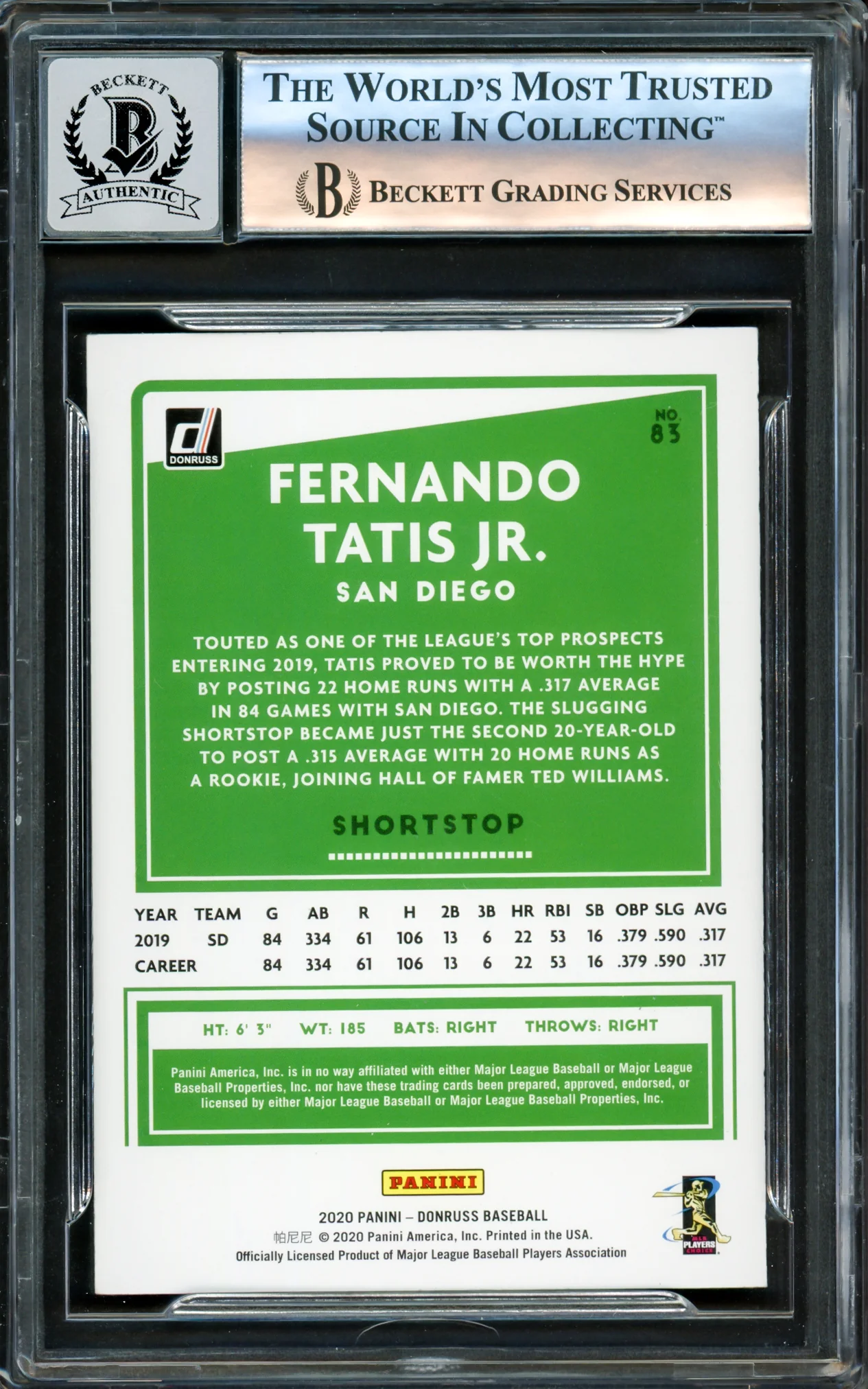 Fernando Tatis Jr. Autographed 2020 Donruss Card #83 San Diego Padres Auto Grade Gem Mint 10 Beckett BAS Stock #220808 - Image 2