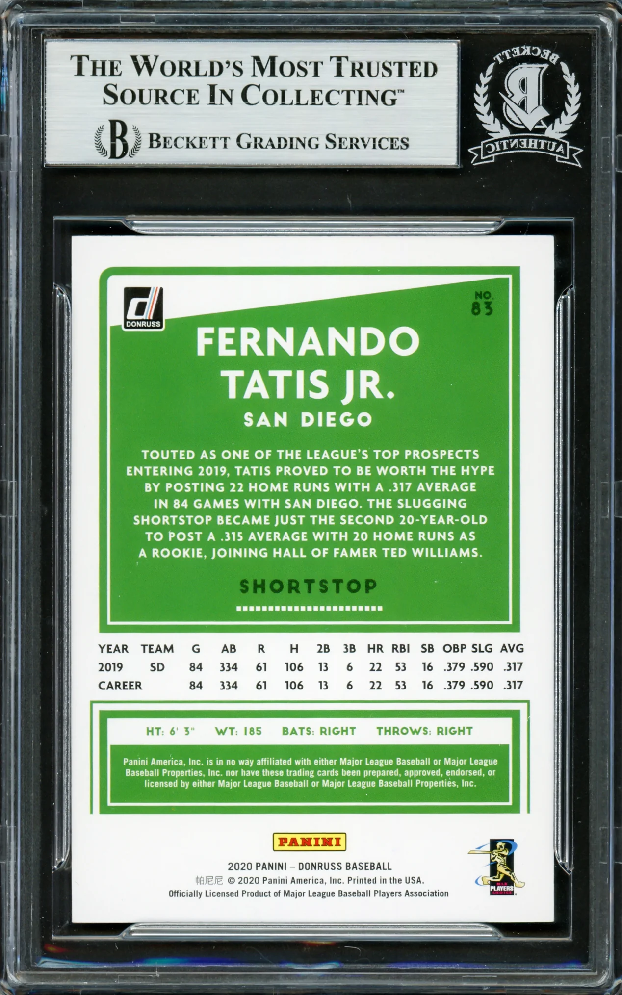 Fernando Tatis Jr. Autographed 2020 Donruss Card #83 San Diego Padres Beckett BAS #16705154 - Image 2