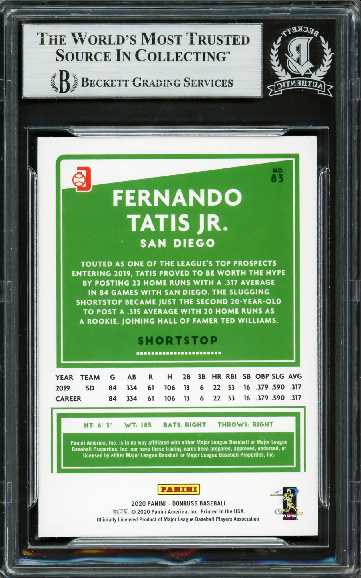 Fernando Tatis Jr. Autographed 2020 Donruss Variations Card #83 San Diego Padres Beckett BAS #16705160 - Image 2