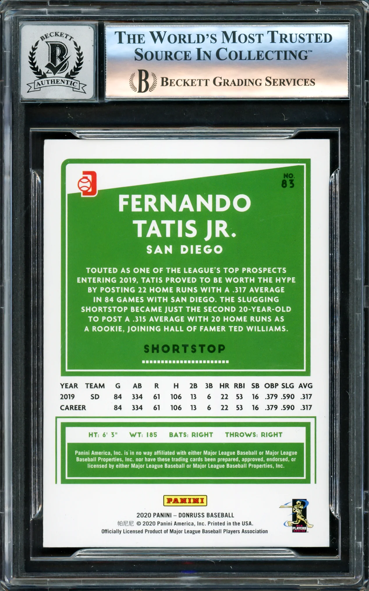 Fernando Tatis Jr. Autographed 2020 Donruss Variations El Nino Card #83 San Diego Padres Auto Grade Gem Mint 10 Beckett BAS Stock #220807 - Image 2