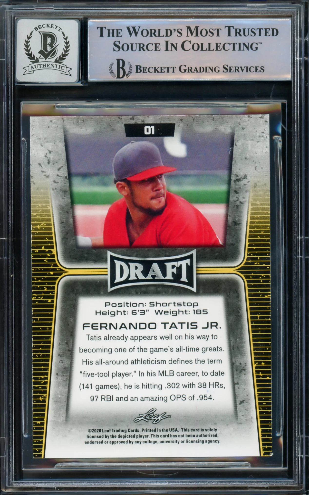 Fernando Tatis Jr. Autographed 2020 Leaf Draft Gold Card #1 San Diego Padres Auto Grade Gem Mint 10 Beckett BAS #15774558 - Image 2