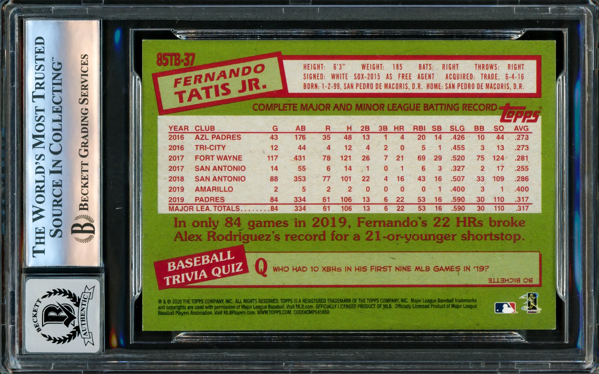 Fernando Tatis Jr. Autographed 2020 Topps 35th Anniversary Card #85TB-37 San Diego Padres Auto Grade Gem Mint 10 Beckett BAS #16173065 - Image 2