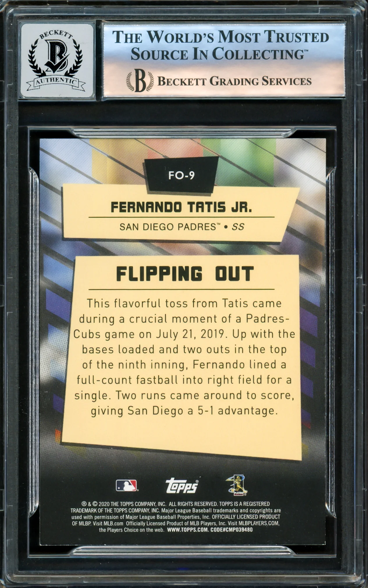 Fernando Tatis Jr. Autographed 2020 Topps Big League Flipping Out Card #FO-9 San Diego Padres Auto Grade Gem Mint 10 Beckett BAS #16173067 - Image 2