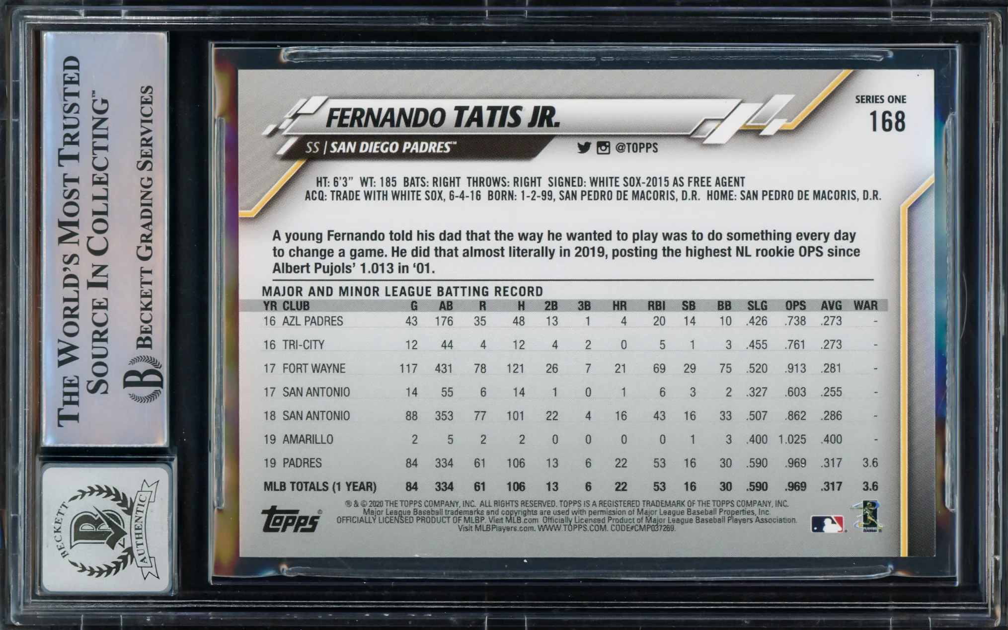 Fernando Tatis Jr. Autographed 2020 Topps Card #168 San Diego Padres Auto Grade Gem Mint 10 Beckett BAS Stock #216665 - Image 2