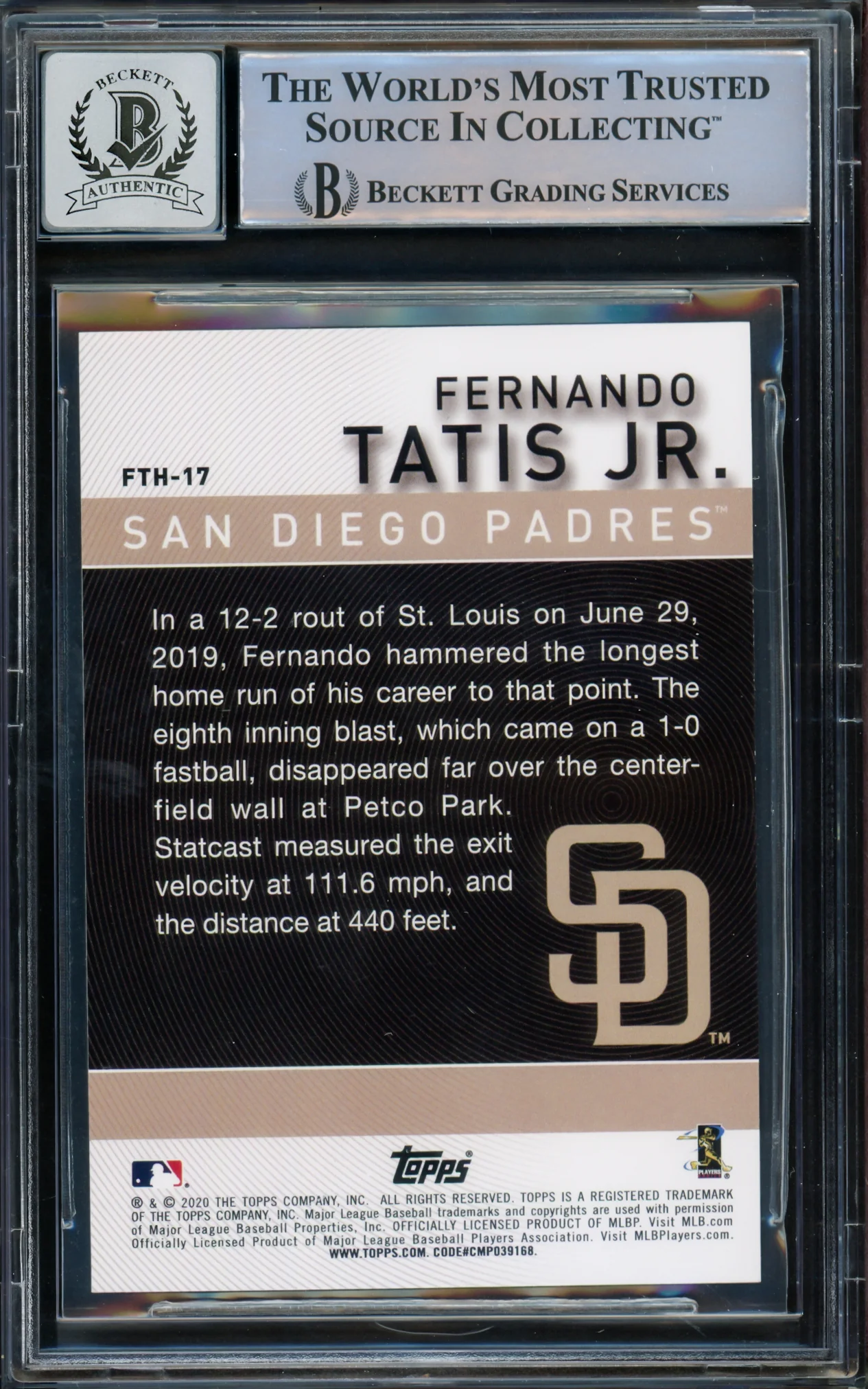 Fernando Tatis Jr. Autographed 2020 Topps Card #FTH-17 San Diego Padres Auto Grade Gem Mint 10 Beckett BAS #15774857 - Image 2