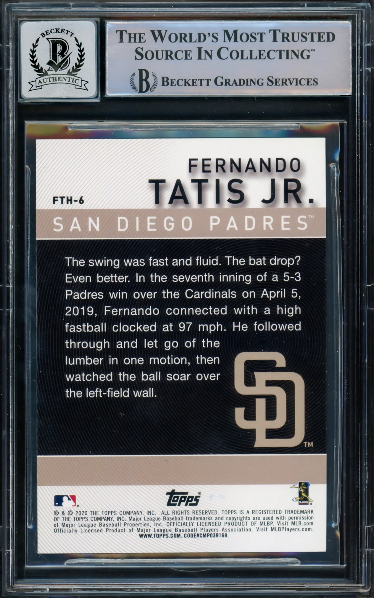 Fernando Tatis Jr. Autographed 2020 Topps Card #FTH-6 San Diego Padres Auto Grade Gem Mint 10 Beckett BAS #15774853 - Image 2