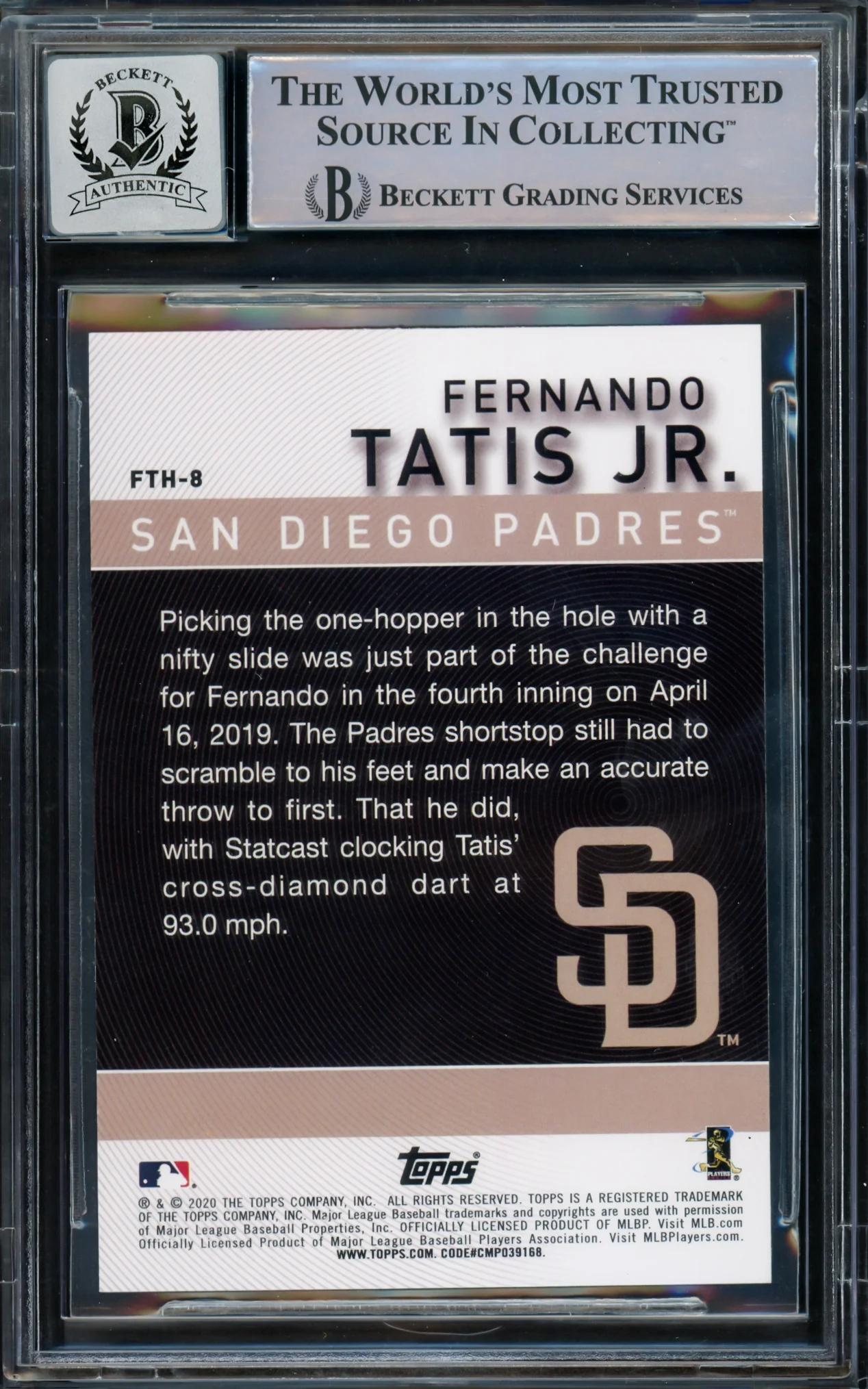 Fernando Tatis Jr. Autographed 2020 Topps Card #FTH-8 San Diego Padres Auto Grade Gem Mint 10 Beckett BAS #15774854 - Image 2