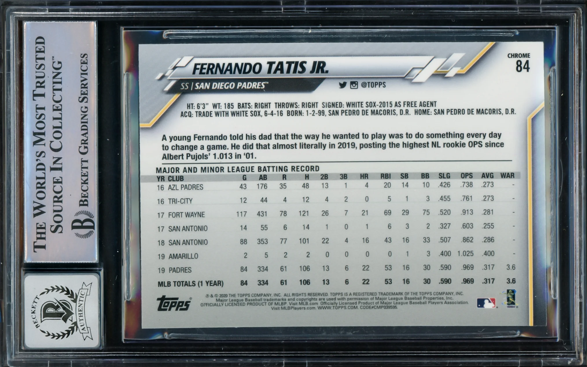 Fernando Tatis Jr. Autographed 2020 Topps Chrome Card #84 San Diego Padres Auto Grade Gem Mint 10 Beckett BAS #15774876 - Image 2