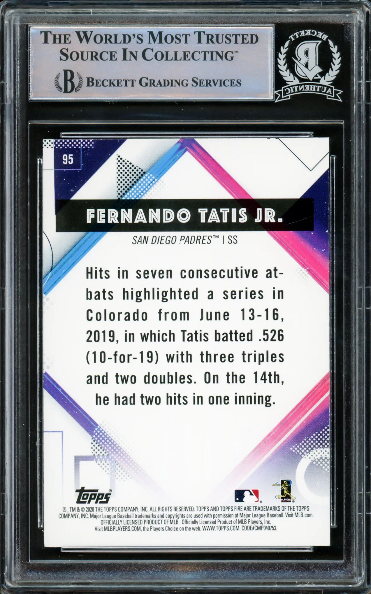 Fernando Tatis Jr. Autographed 2020 Topps Fire Card #95 San Diego Padres Beckett BAS #15782130 - Image 2