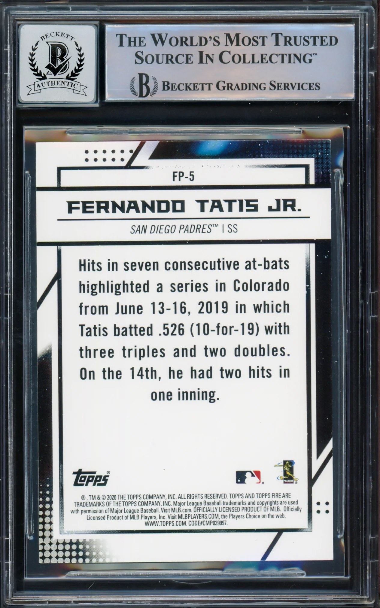 Fernando Tatis Jr. Autographed 2020 Topps Fire National BB Card Day Card #FP-5 San Diego Padres Auto Grade Gem Mint 10 Beckett BAS #15774866 - Image 2