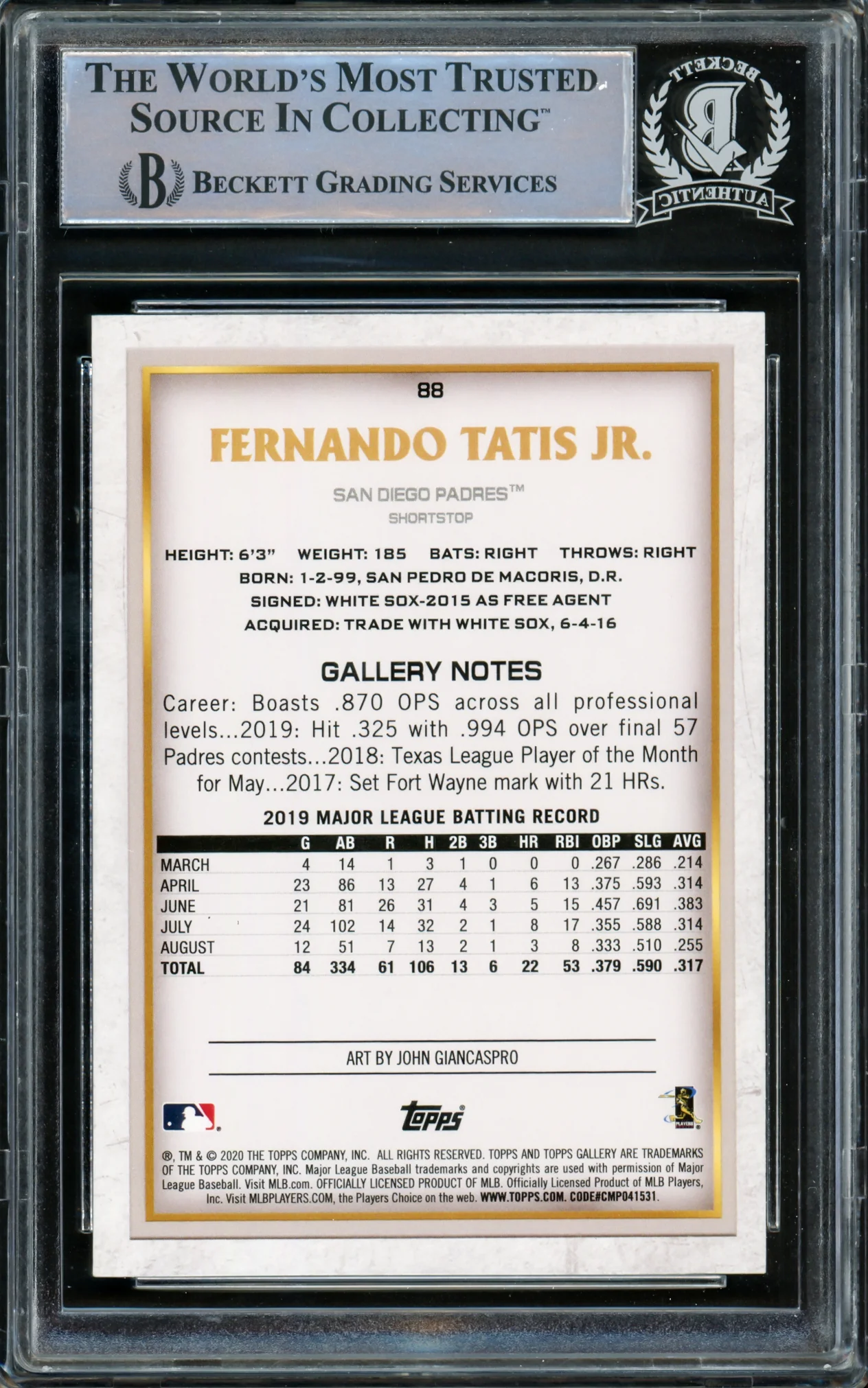 Fernando Tatis Jr. Autographed 2020 Topps Gallery Card #88 San Diego Padres Beckett BAS #15782132 - Image 2