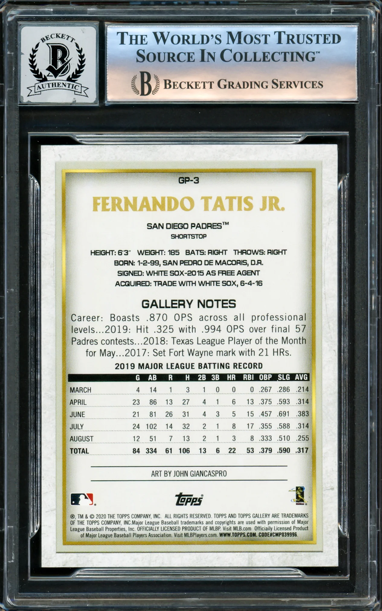 Fernando Tatis Jr. Autographed 2020 Topps Gallery National Baseball Card Day Card #GP-3 San Diego Padres Auto Grade Gem Mint 10 Beckett BAS #16173075 - Image 2