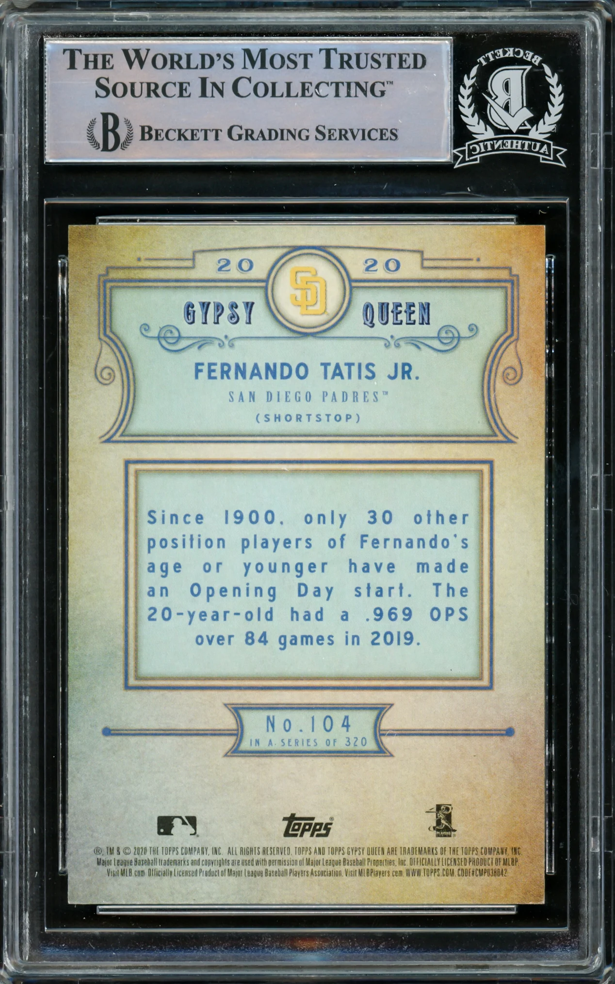 Fernando Tatis Jr. Autographed 2020 Topps Gypsy Queen Card #104 San Diego Padres Beckett BAS #15782133 - Image 2