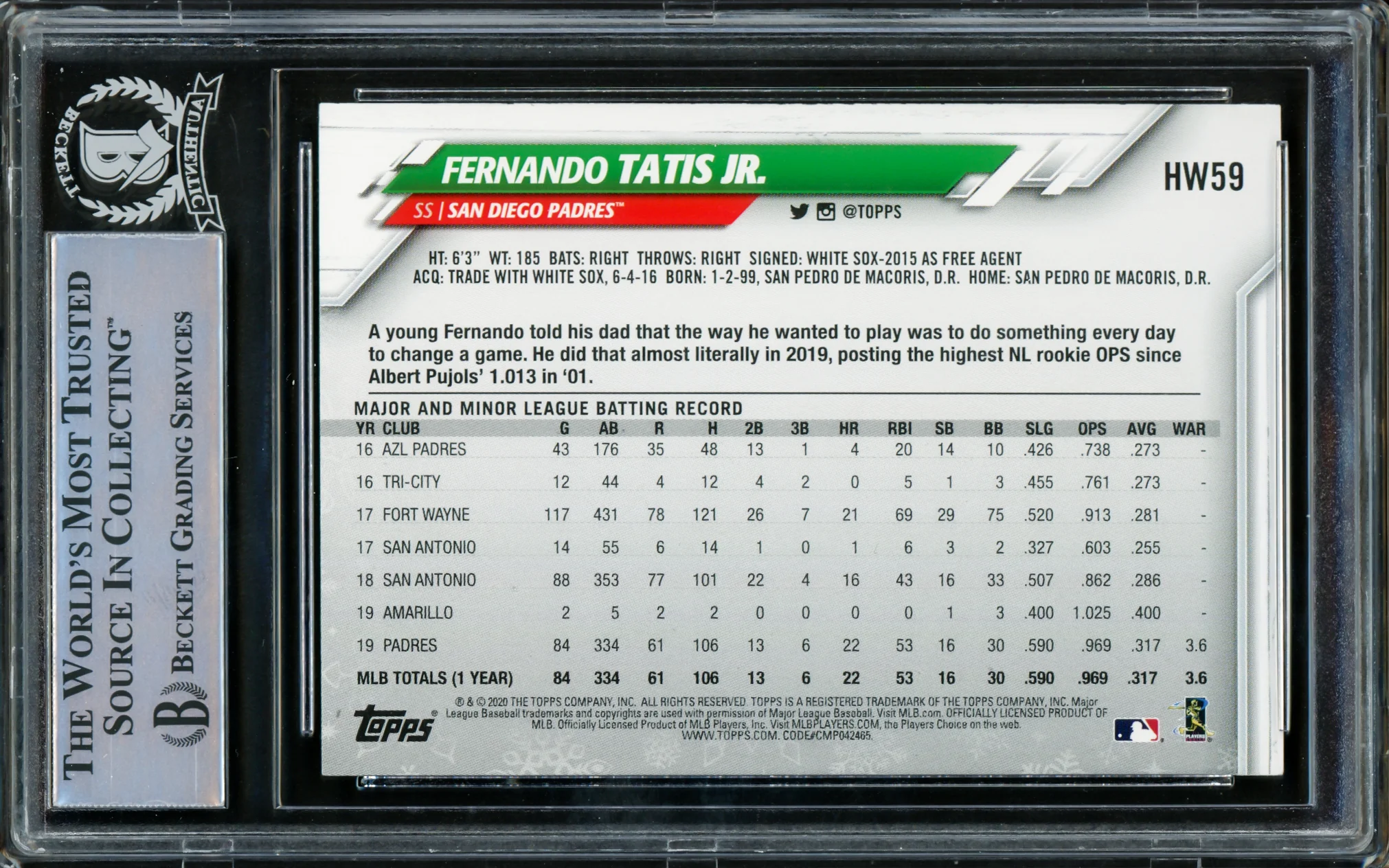 Fernando Tatis Jr. Autographed 2020 Topps Holiday Card #HW59 San Diego Padres Beckett BAS #15782109 - Image 2