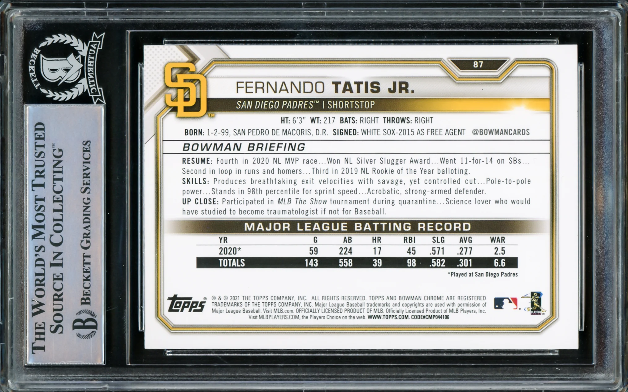 Fernando Tatis Jr. Autographed 2021 Bowman Card #87 San Diego Padres Beckett BAS #15782240 - Image 2