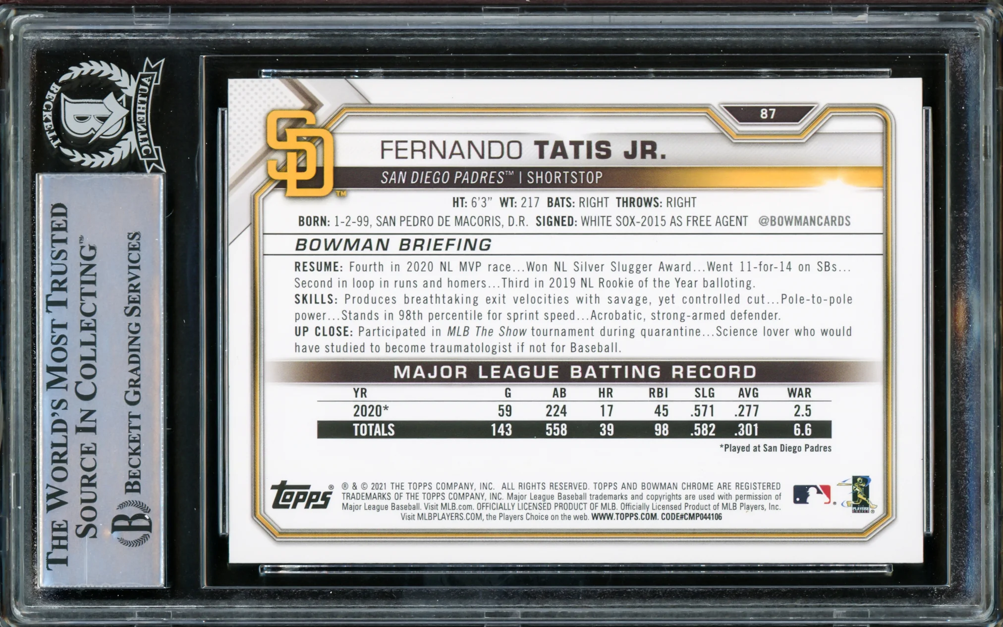 Fernando Tatis Jr. Autographed 2021 Bowman Card #87 San Diego Padres Beckett BAS #15782241 - Image 2