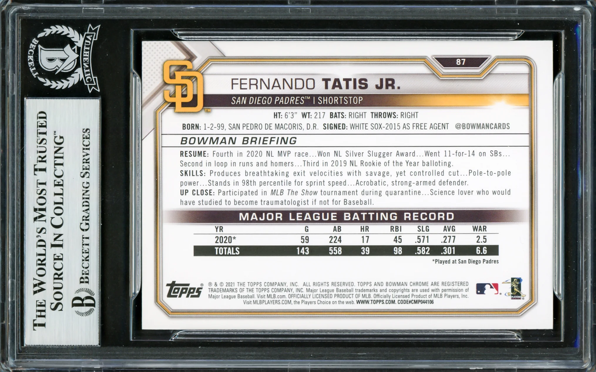 Fernando Tatis Jr. Autographed 2021 Bowman Card #87 San Diego Padres Beckett BAS Stock #228048 - Image 2
