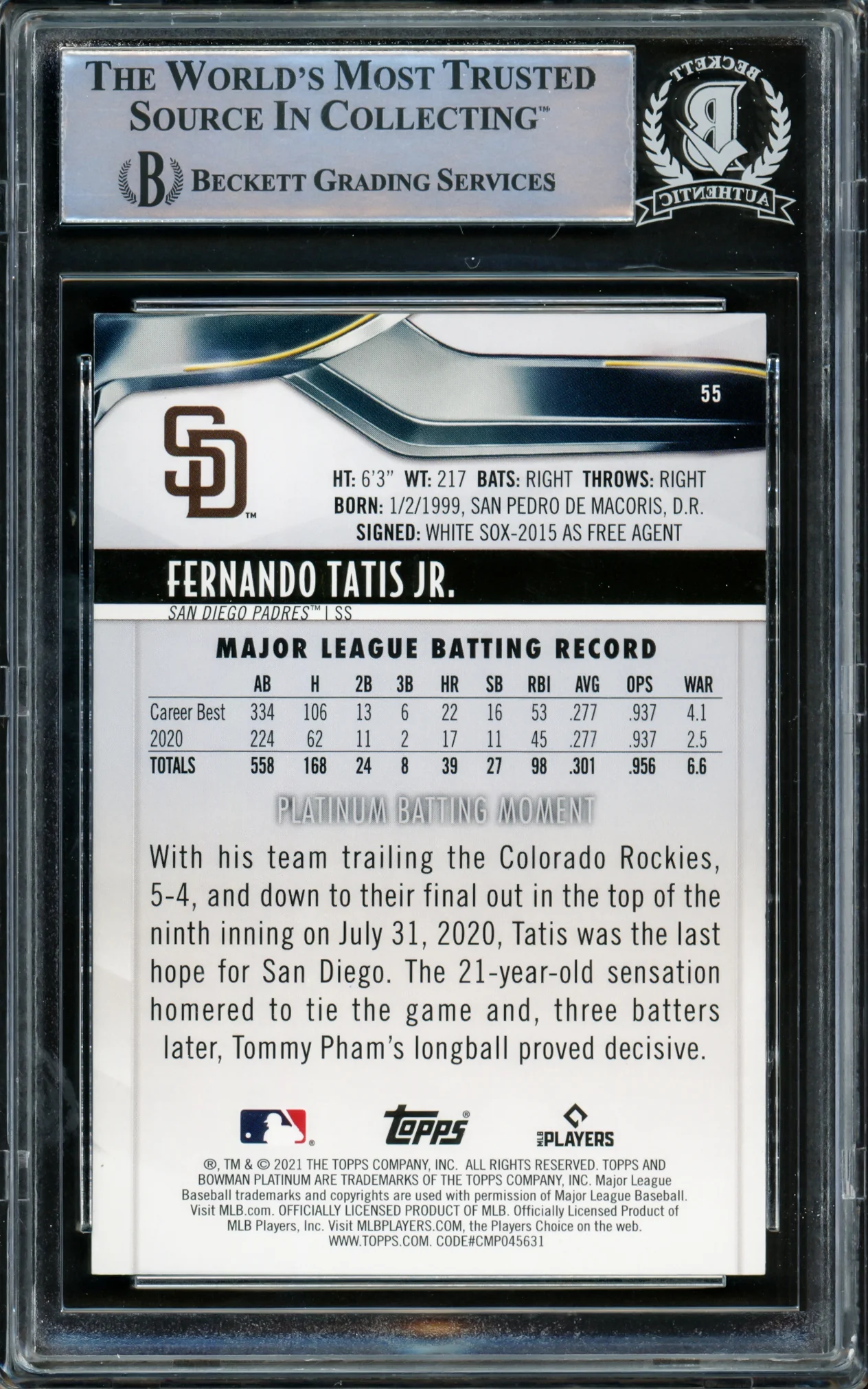 Fernando Tatis Jr. Autographed 2021 Bowman Platinum Card #55 San Diego Padres Beckett BAS #15782243 - Image 2