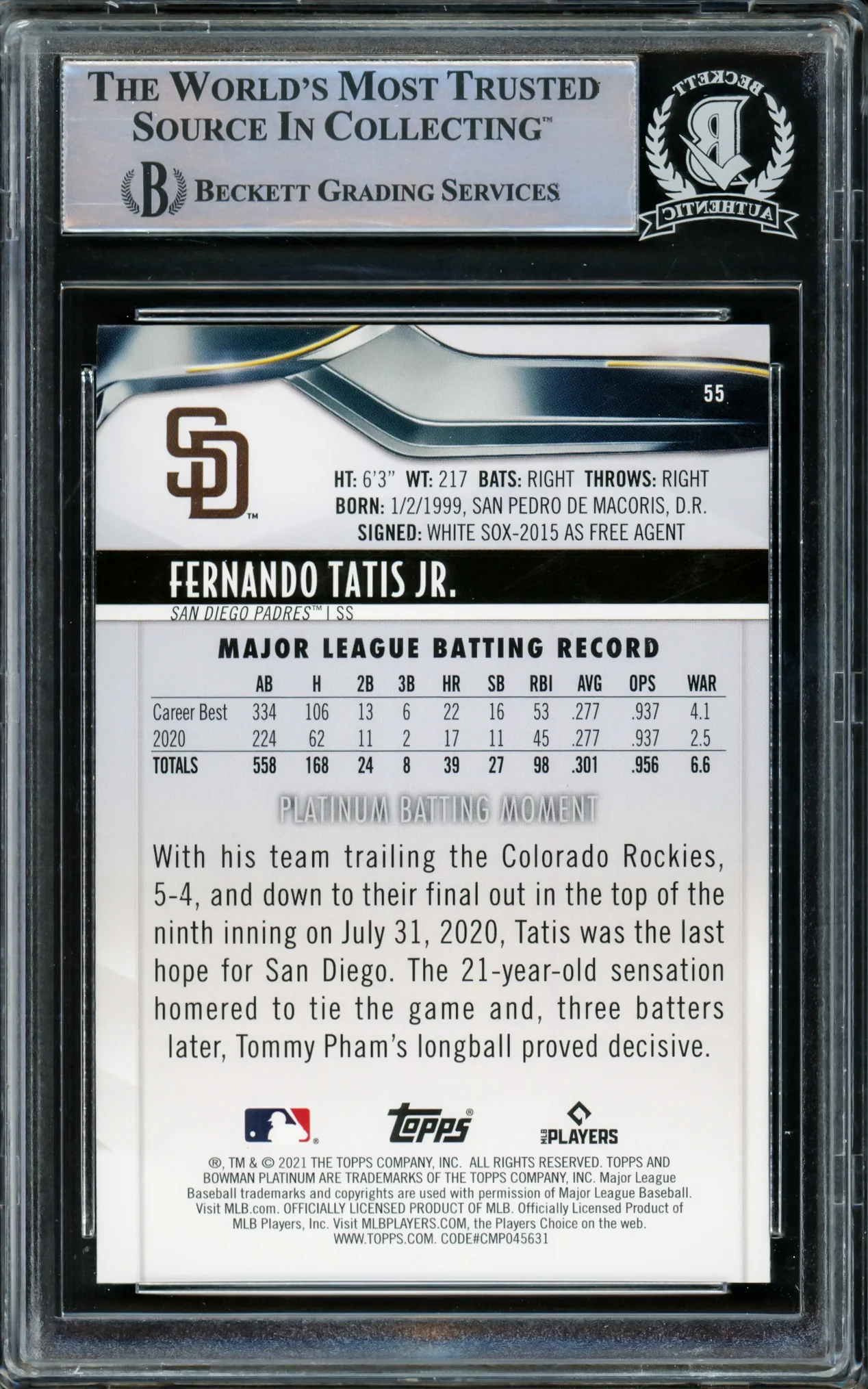 Fernando Tatis Jr. Autographed 2021 Bowman Platinum Ice Foil Card #55 San Diego Padres Beckett BAS #15782246 - Image 2