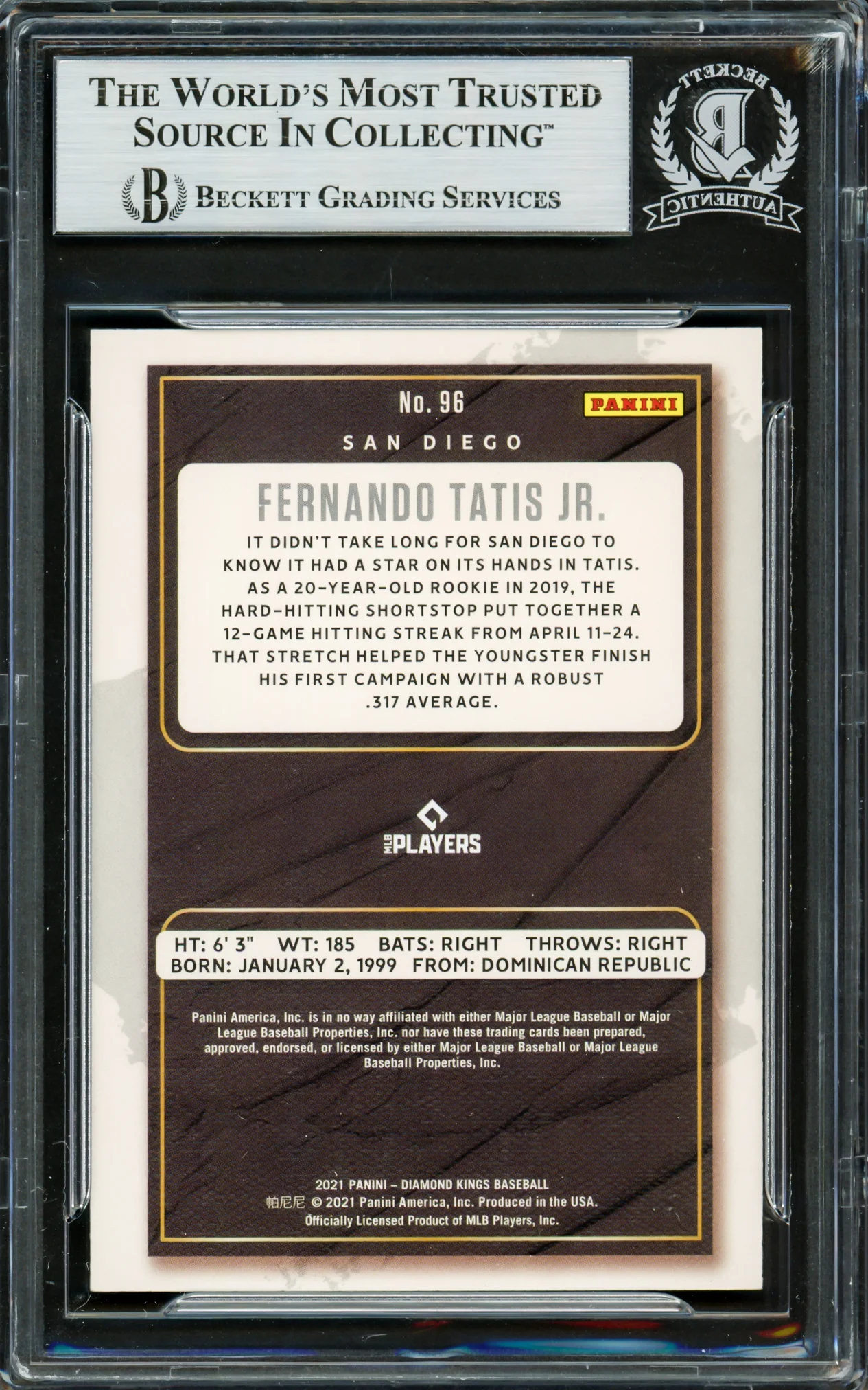 Fernando Tatis Jr. Autographed 2021 Diamond Kings Card #96 San Diego Padres Beckett BAS Stock #228049 - Image 2