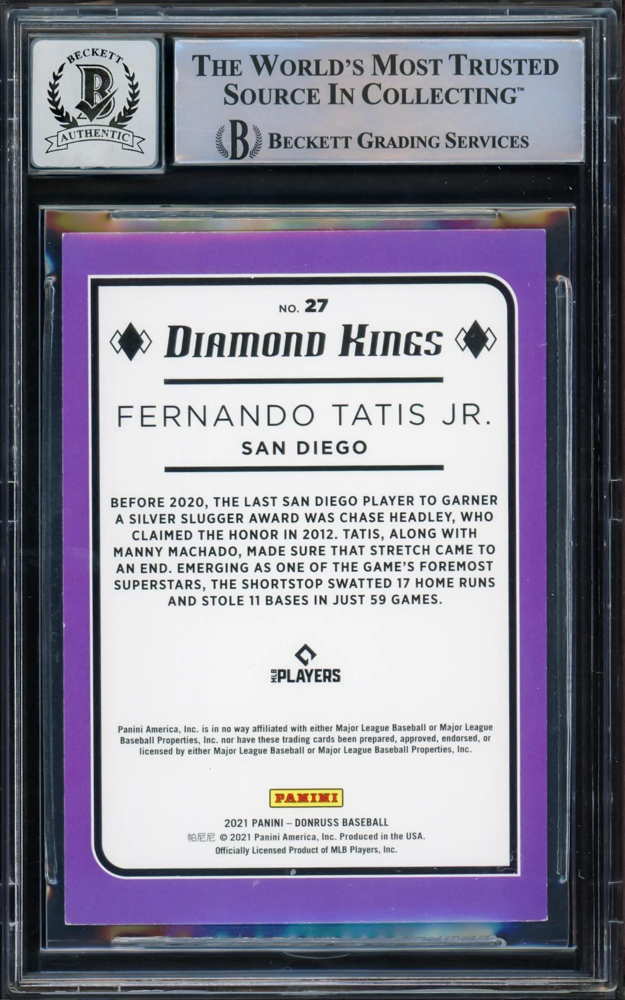 Fernando Tatis Jr. Autographed 2021 Donruss Diamond Kings Card #27 San Diego Padres Auto Grade Gem Mint 10 Beckett BAS #15774901 - Image 2
