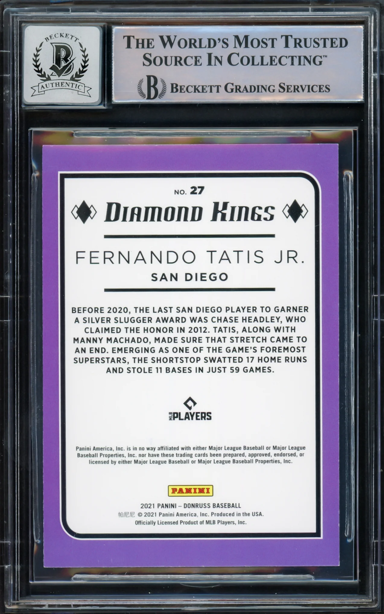 Fernando Tatis Jr. Autographed 2021 Donruss Diamond Kings Card #27 San Diego Padres Auto Grade Gem Mint 10 Beckett BAS #15774902 - Image 2