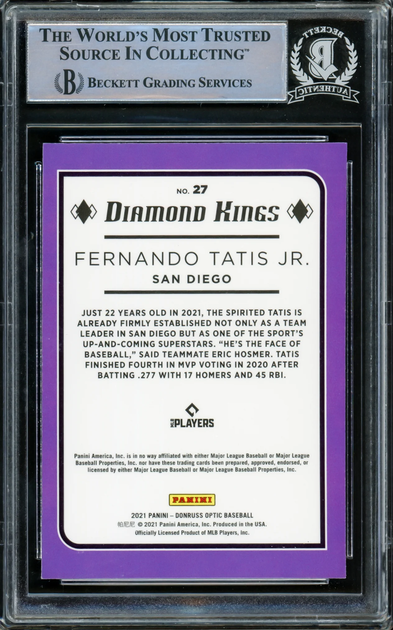 Fernando Tatis Jr. Autographed 2021 Donruss Optic Diamond Kings Card #27 San Diego Padres Beckett BAS #15782250 - Image 2