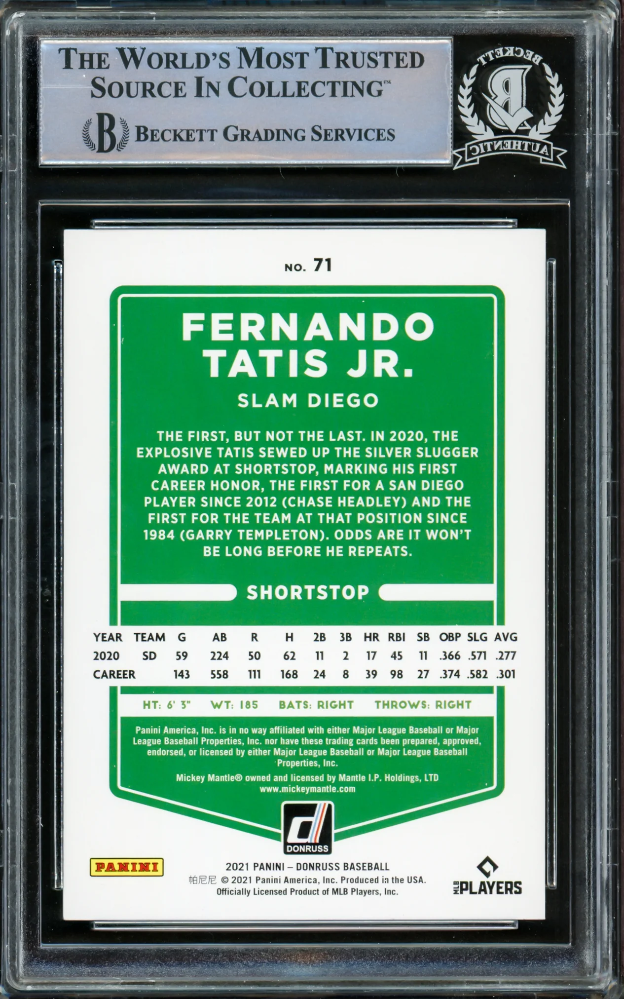 Fernando Tatis Jr. Autographed 2021 Donruss Variations Card #71 San Diego Padres Beckett BAS #15782247 - Image 2