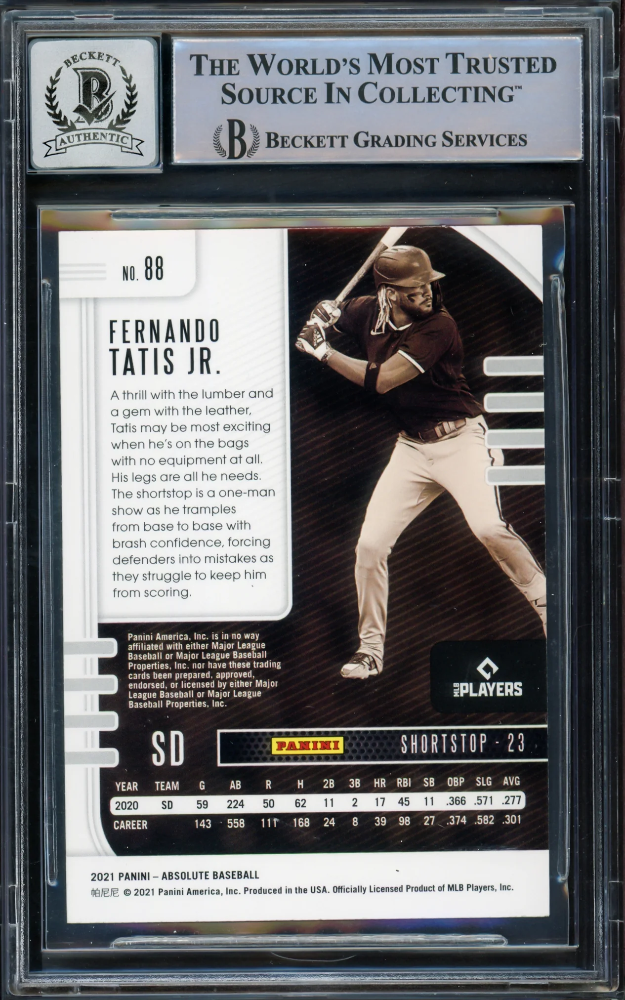 Fernando Tatis Jr. Autographed 2021 Panini Absolute Card #88 San Diego Padres Auto Grade Gem Mint 10 Beckett BAS #15775069 - Image 2