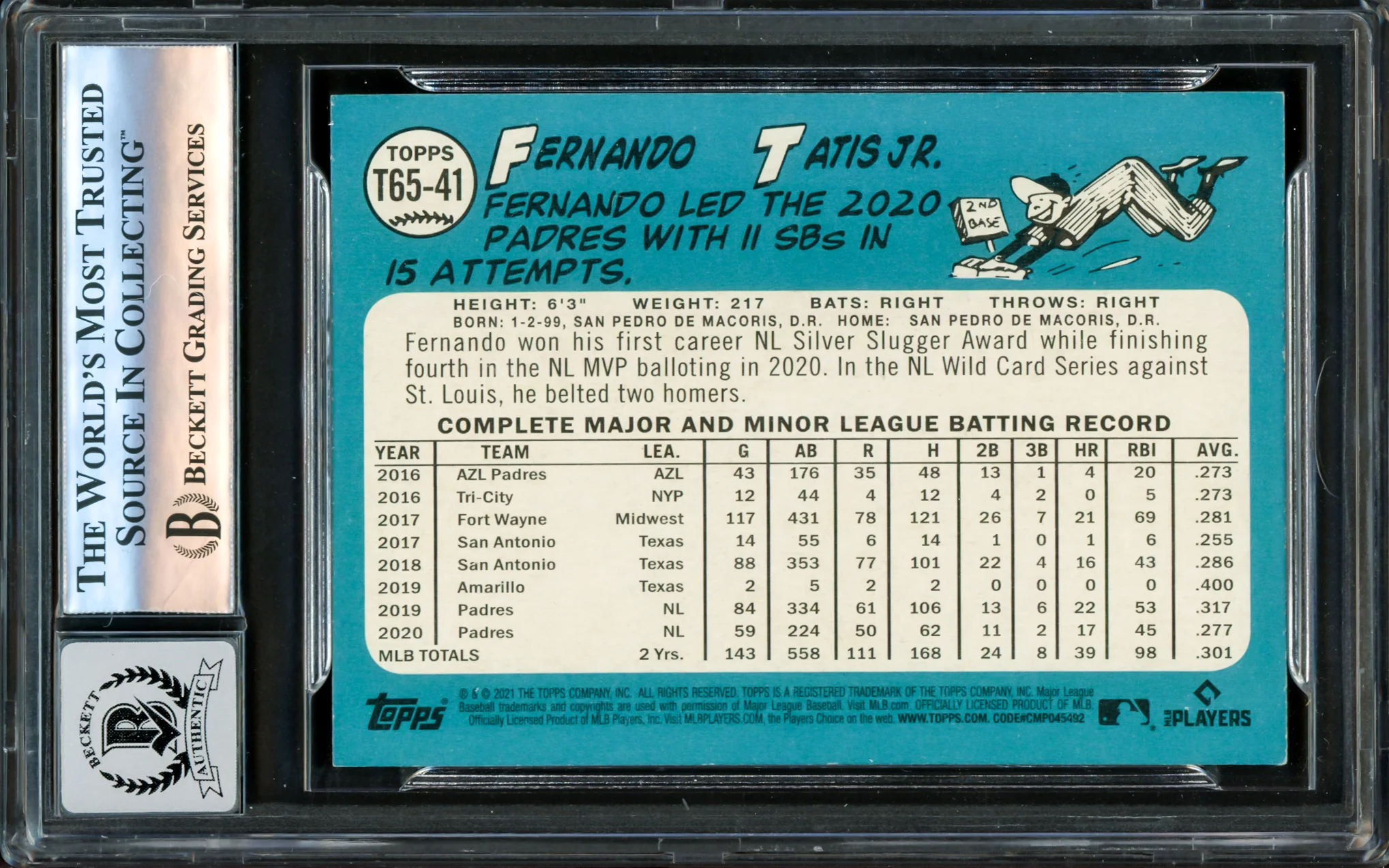 Fernando Tatis Jr. Autographed 2021 Topps 1965 Throwback Card #T65-41 San Diego Padres Auto Grade Gem Mint 10 Beckett BAS #16173114 - Image 2