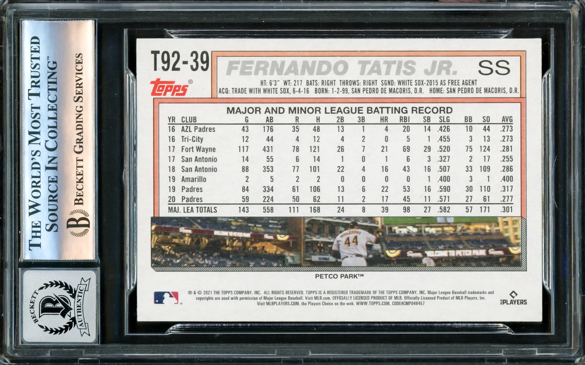 Fernando Tatis Jr. Autographed 2021 Topps 1992 Throwback Card #T92-39 San Diego Padres Auto Grade Gem Mint 10 Beckett BAS #16173116 - Image 2