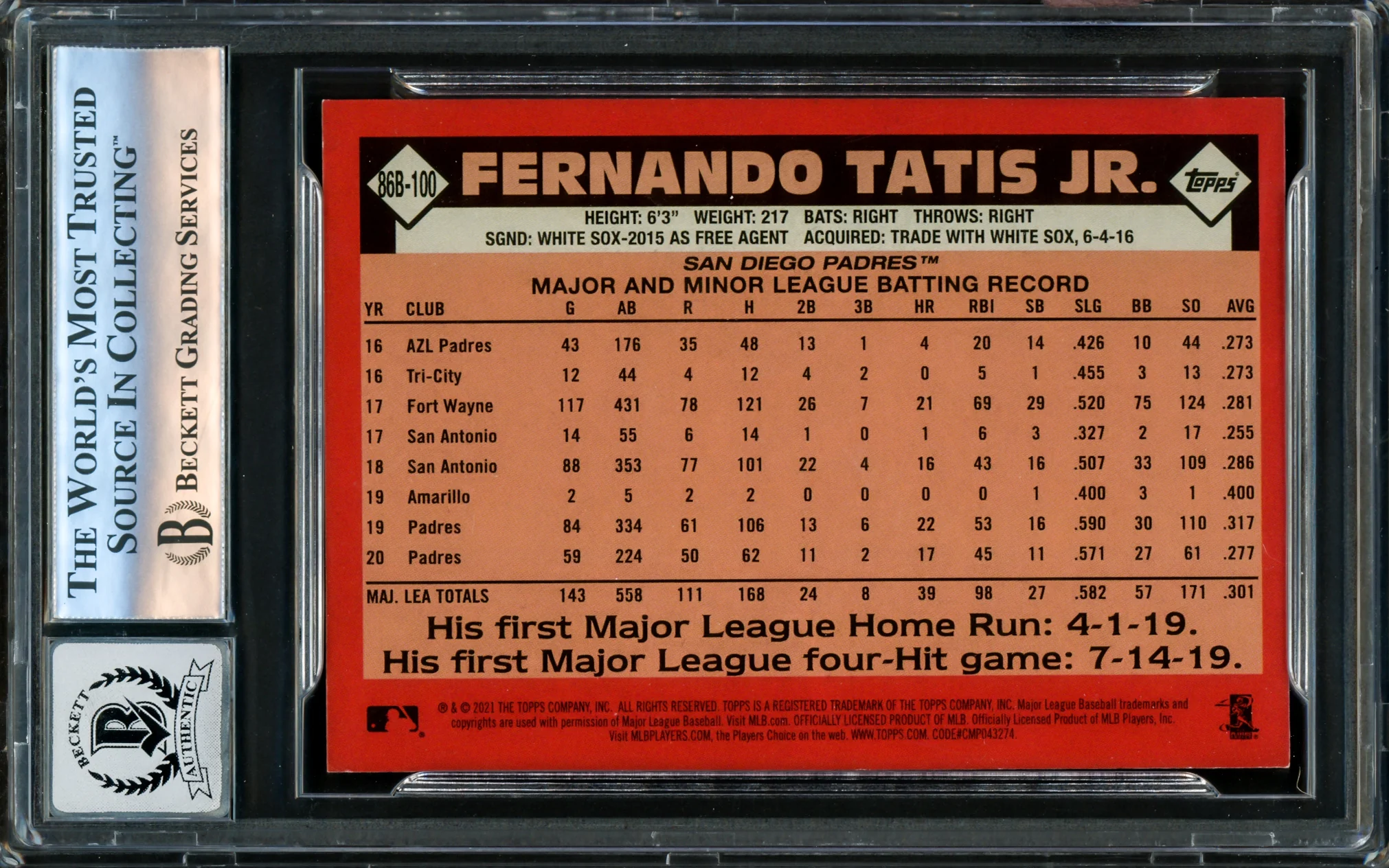 Fernando Tatis Jr. Autographed 2021 Topps 35th Anniversary Blue Card #86B-100 San Diego Padres Auto Grade Gem Mint 10 Beckett BAS #16173106 - Image 2