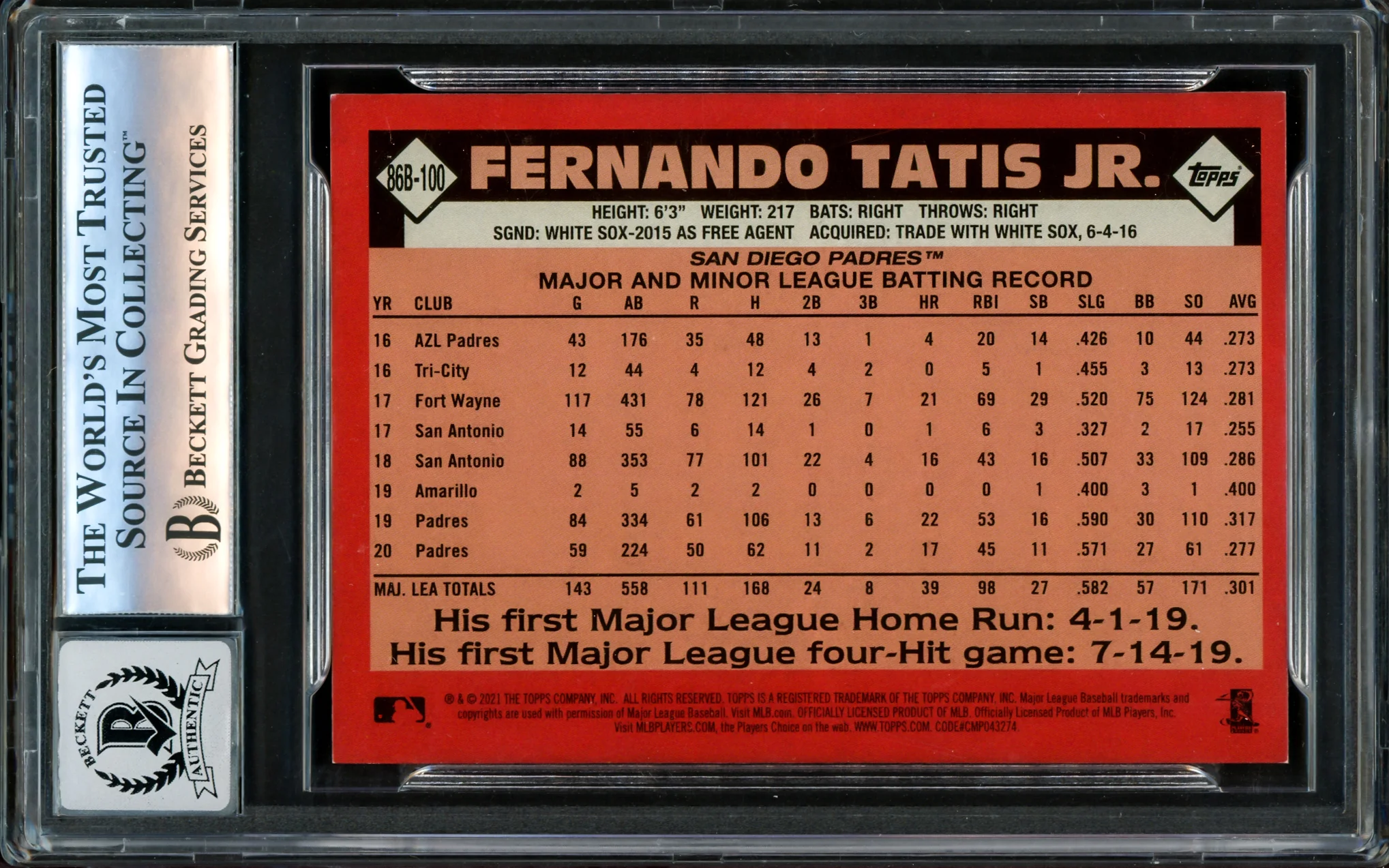 Fernando Tatis Jr. Autographed 2021 Topps 35th Anniversary Card #86B-100 San Diego Padres Auto Grade Gem Mint 10 Beckett BAS #16173105 - Image 2