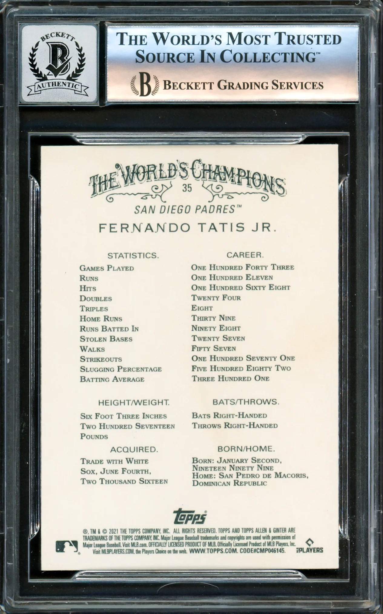 Fernando Tatis Jr. Autographed 2021 Topps Allen & Ginter Card #35 San Diego Padres Auto Grade Gem Mint 10 Beckett BAS #16173111 - Image 2