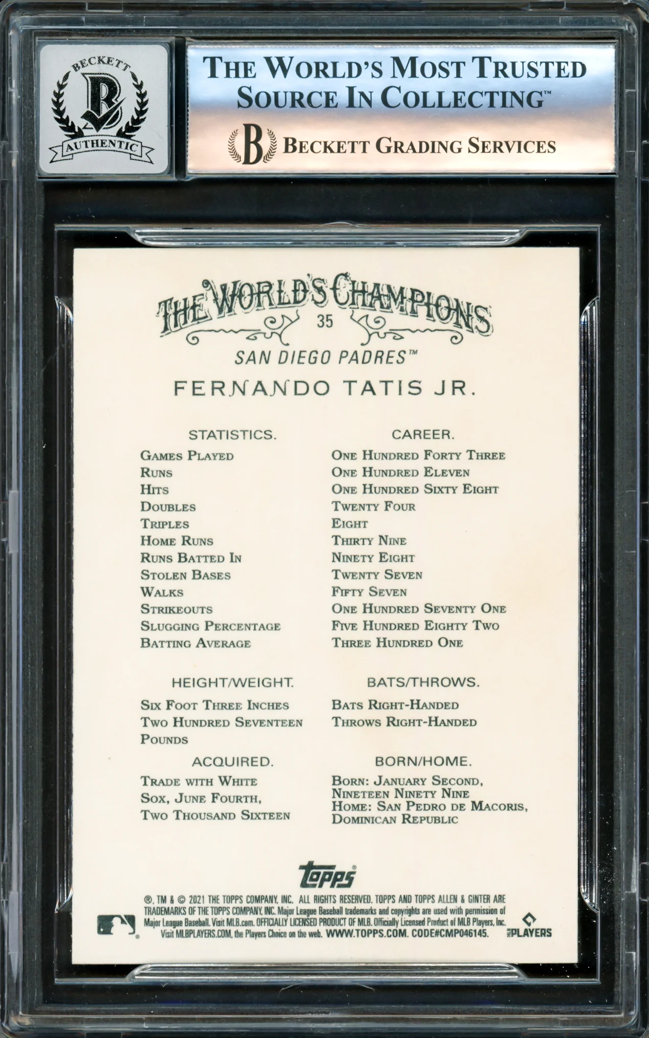 Fernando Tatis Jr. Autographed 2021 Topps Allen & Ginter Card #35 San Diego Padres Auto Grade Gem Mint 10 Beckett BAS #16173112 - Image 2