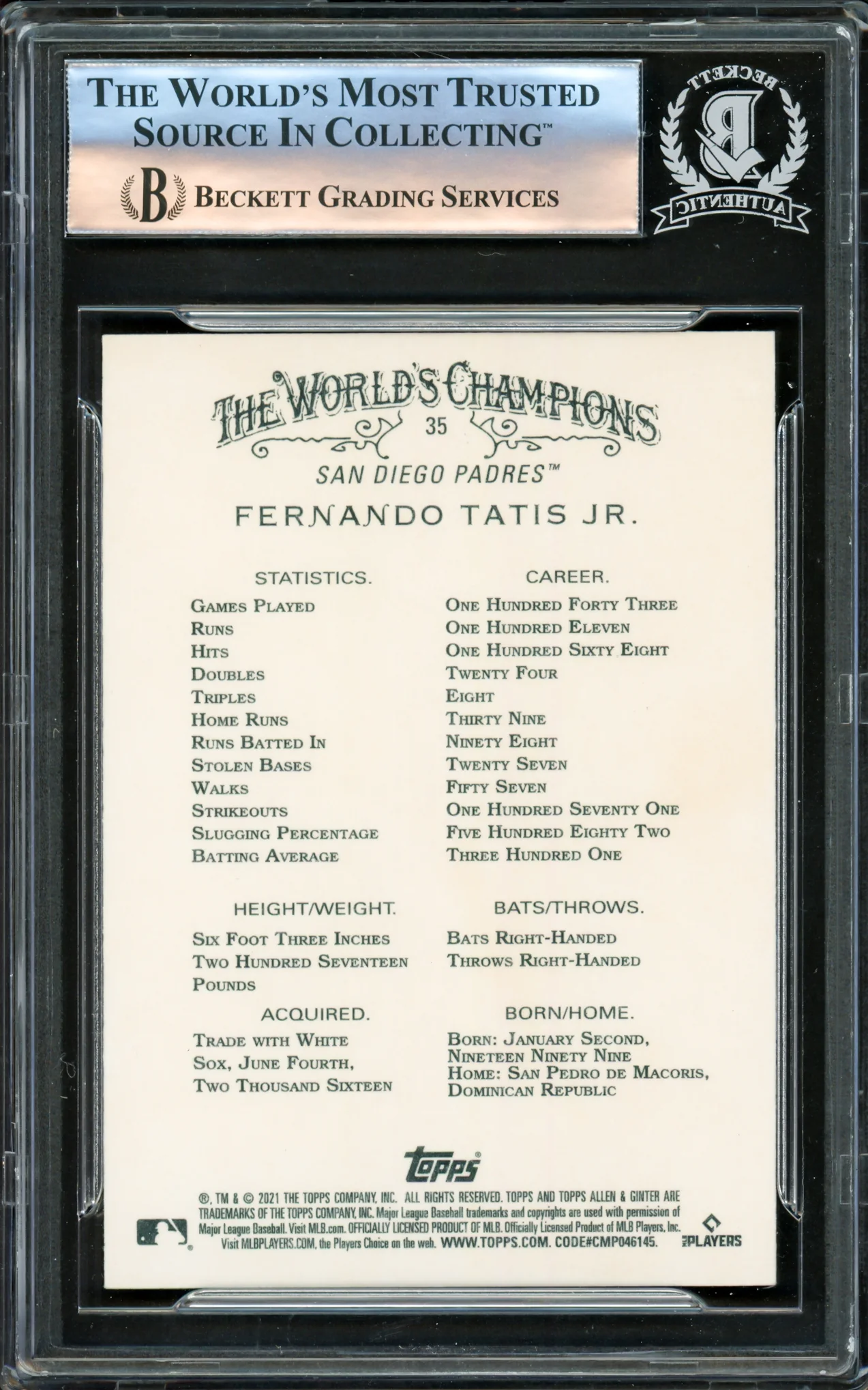 Fernando Tatis Jr. Autographed 2021 Topps Allen & Ginter Card #35 San Diego Padres Beckett BAS #16178749 - Image 2