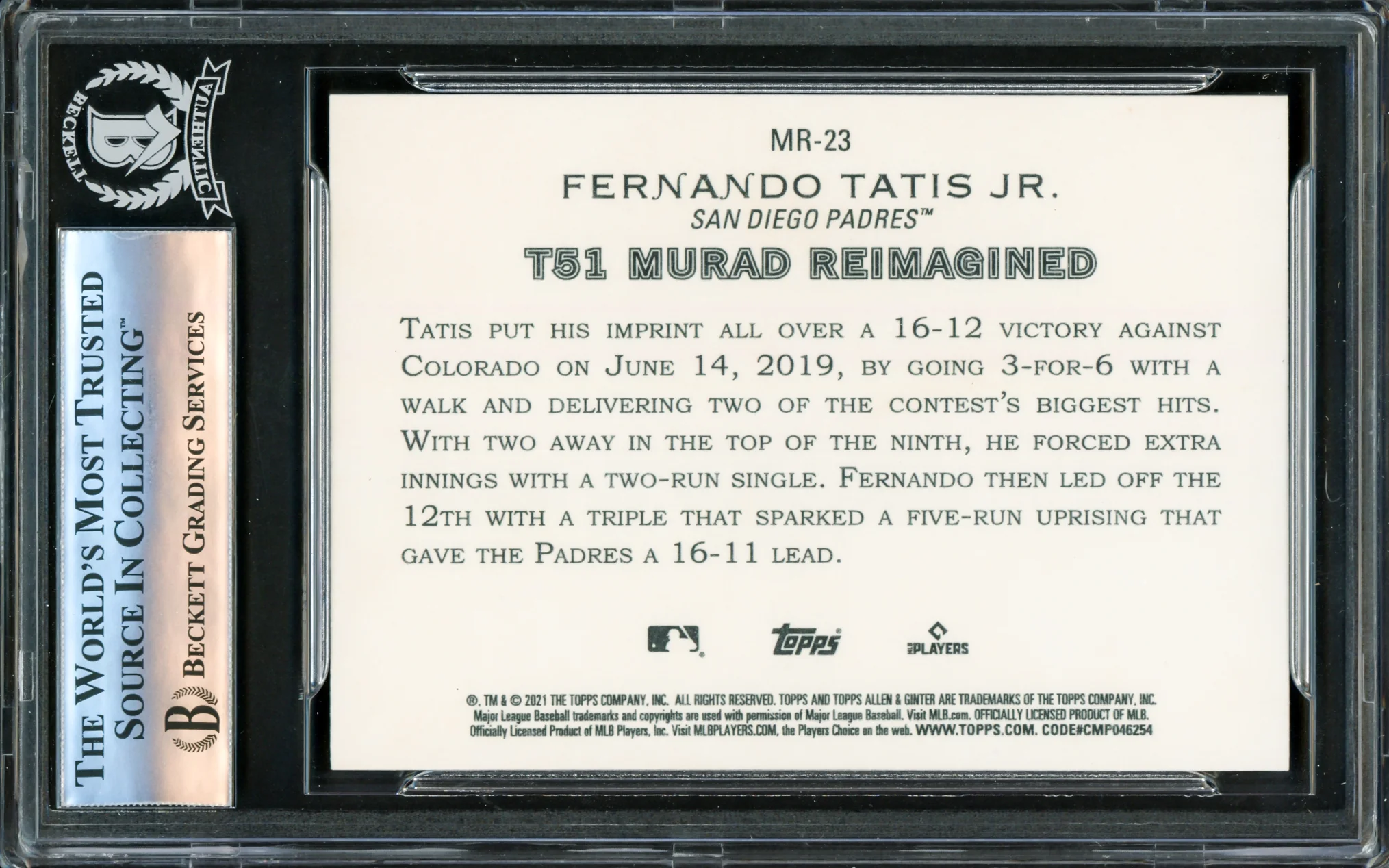 Fernando Tatis Jr. Autographed 2021 Topps Allen & Ginter Murad Card #MR23 San Diego Padres Beckett BAS #16178231 - Image 2