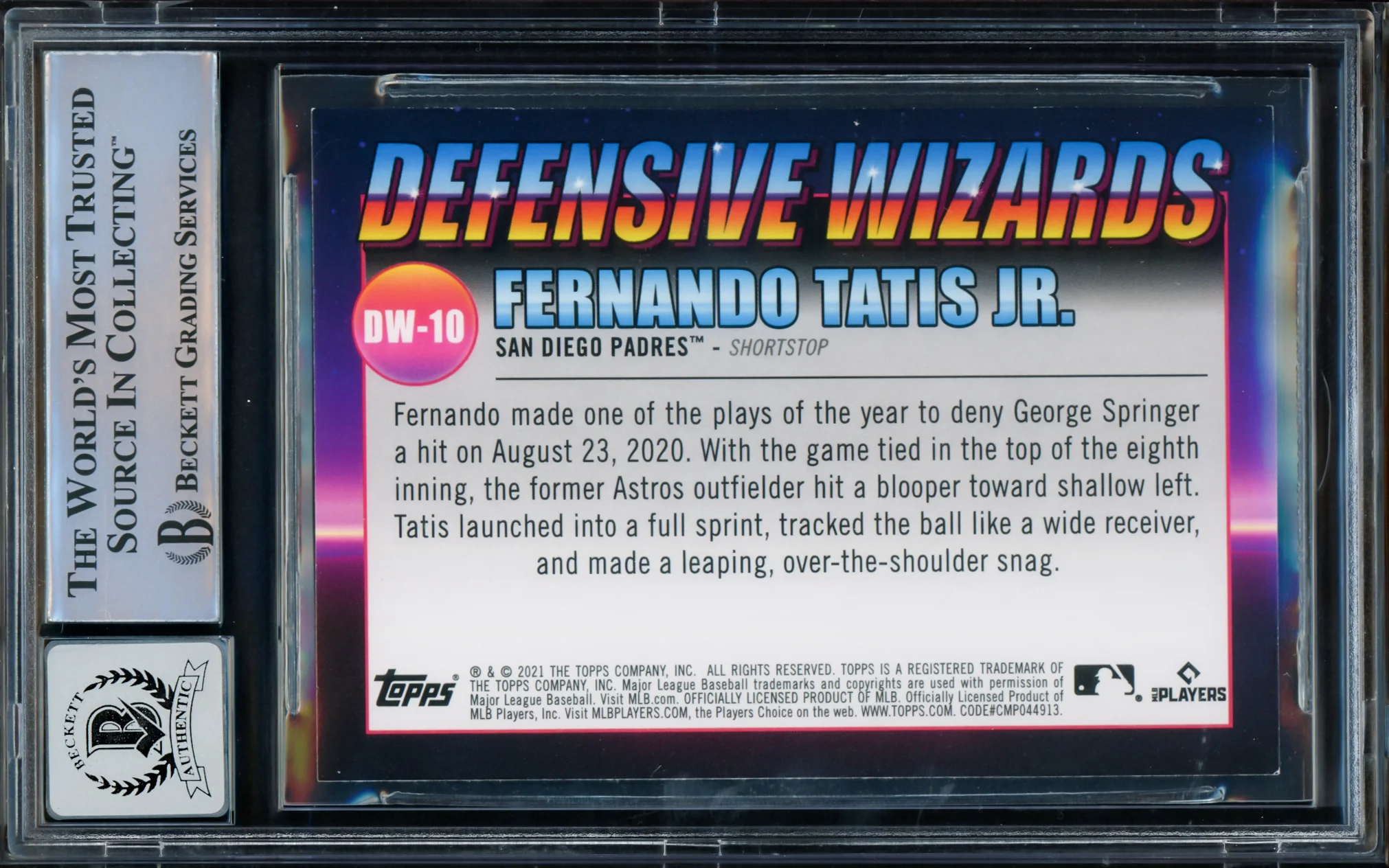 Fernando Tatis Jr. Autographed 2021 Topps Big League Defensive Wizards Card #DW-10 San Diego Padres Auto Grade Gem Mint 10 Beckett BAS #15775096 - Image 2