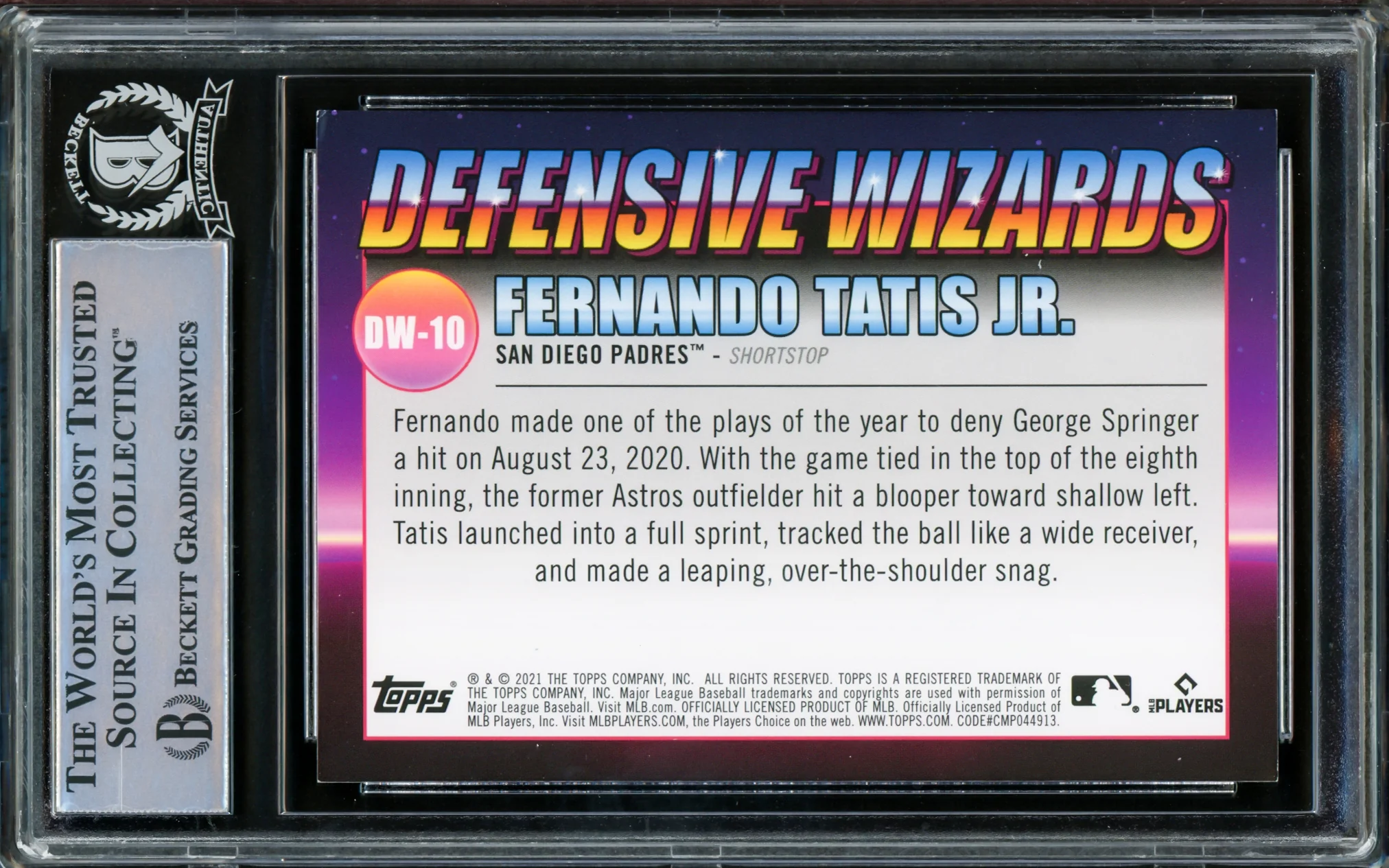 Fernando Tatis Jr. Autographed 2021 Topps Big League Defensive Wizards Card #DW-10 San Diego Padres Beckett BAS #15782275 - Image 2