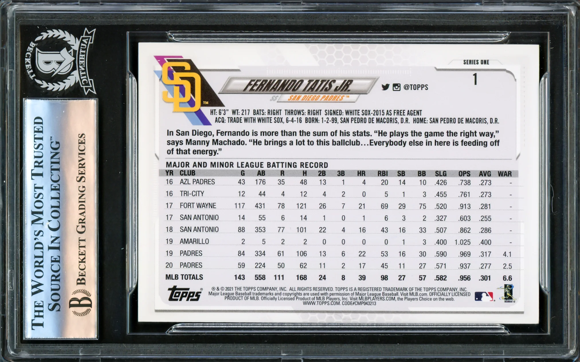 Fernando Tatis Jr. Autographed 2021 Topps Card #1 San Diego Padres Beckett BAS #16177993 - Image 2