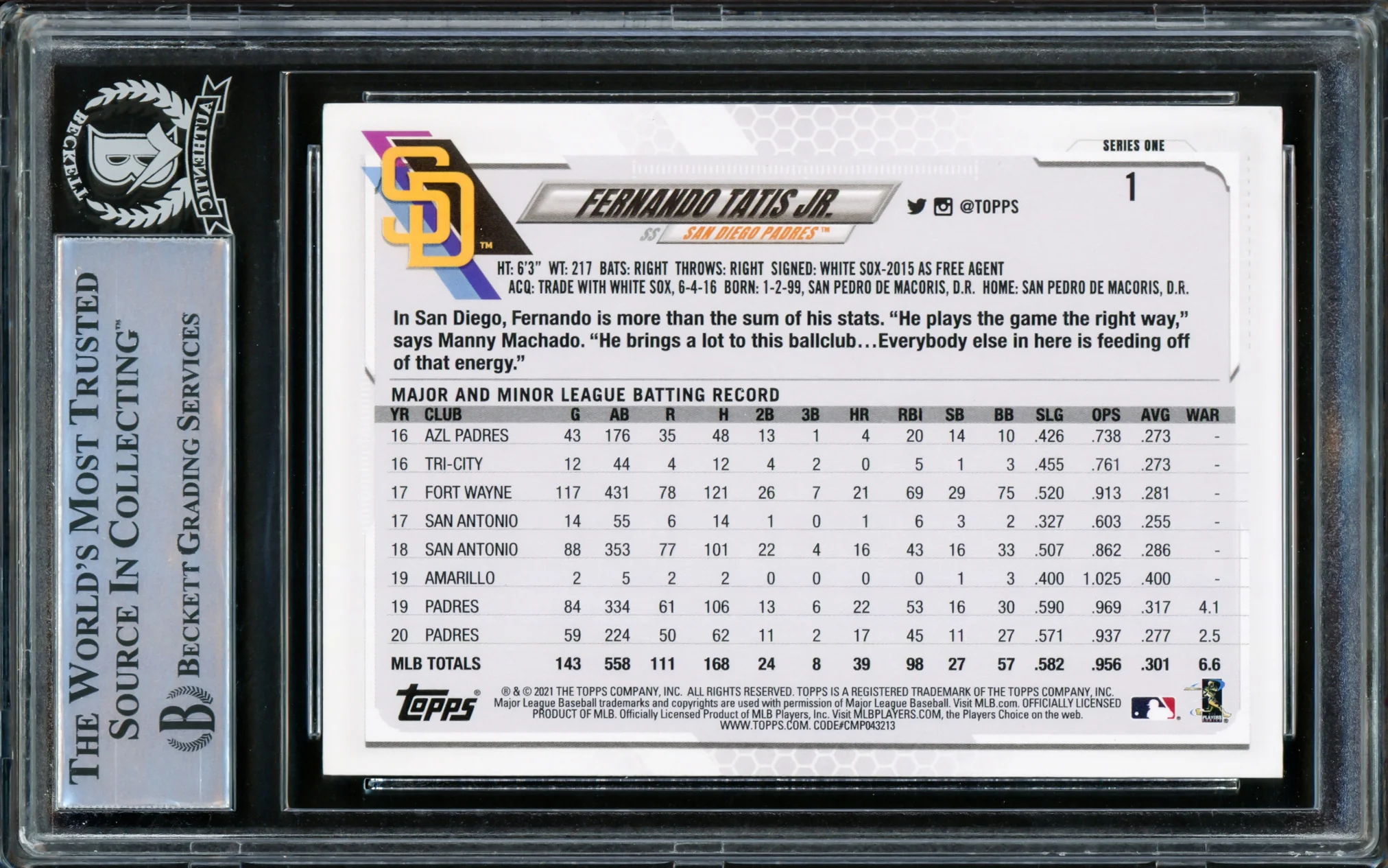 Fernando Tatis Jr. Autographed 2021 Topps Card #1 San Diego Padres Beckett BAS Stock #216877 - Image 2