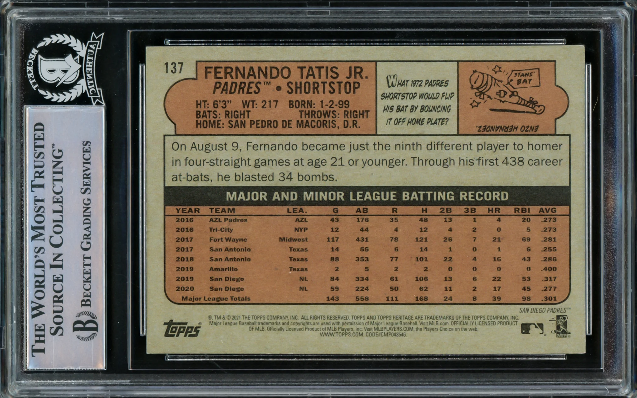 Fernando Tatis Jr. Autographed 2021 Topps Heritage Card #137 San Diego Padres Beckett BAS #15782357 - Image 2