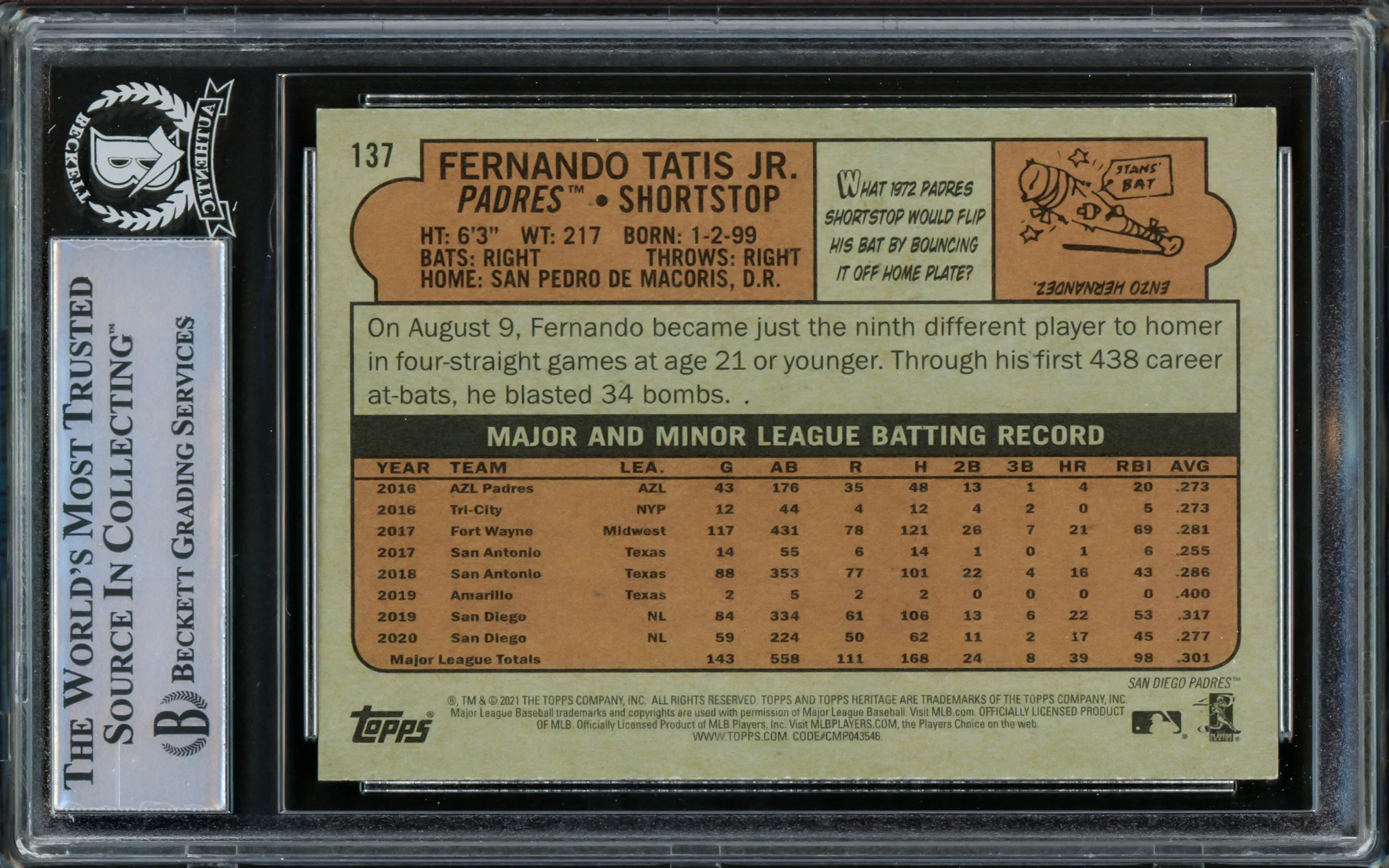 Fernando Tatis Jr. Autographed 2021 Topps Heritage Card #137 San Diego Padres Beckett BAS #15782358 - Image 2