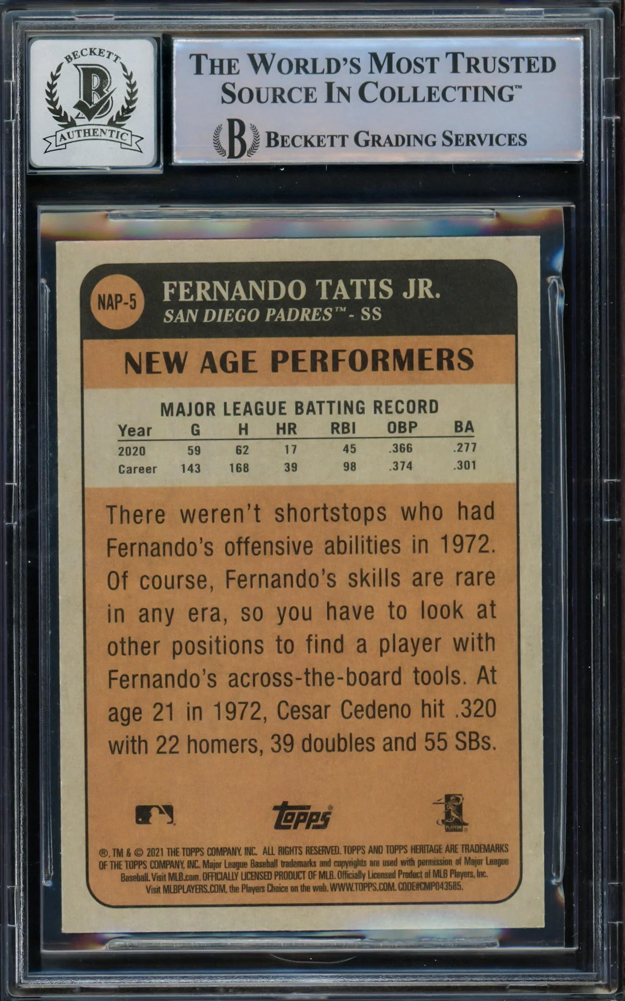 Fernando Tatis Jr. Autographed 2021 Topps Heritage New Age Performers Card #NAP-5 San Diego Padres Auto Grade Gem Mint 10 Beckett BAS #15775177 - Image 2