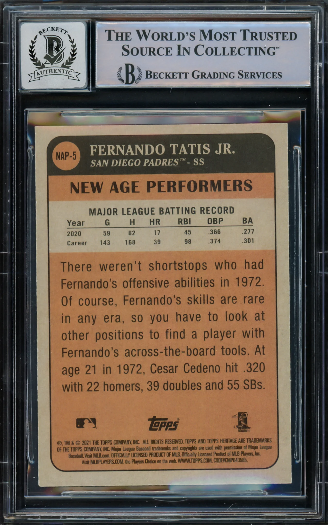 Fernando Tatis Jr. Autographed 2021 Topps Heritage New Age Performers Card #NAP-5 San Diego Padres Auto Grade Gem Mint 10 Beckett BAS #15775179 - Image 2