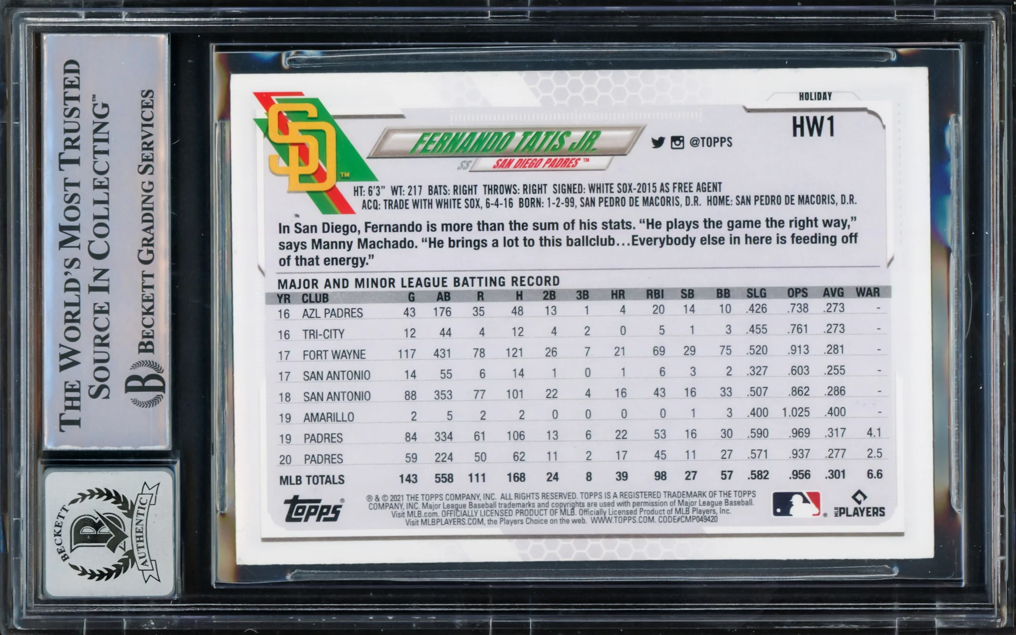 Fernando Tatis Jr. Autographed 2021 Topps Holiday Card #HW1 San Diego Padres Auto Grade Gem Mint 10 Beckett BAS #15775081 - Image 2