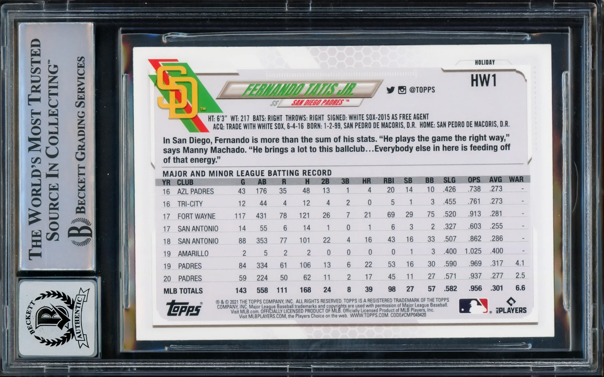 Fernando Tatis Jr. Autographed 2021 Topps Holiday Card #HW1 San Diego Padres Auto Grade Gem Mint 10 Beckett BAS #15775082 - Image 2