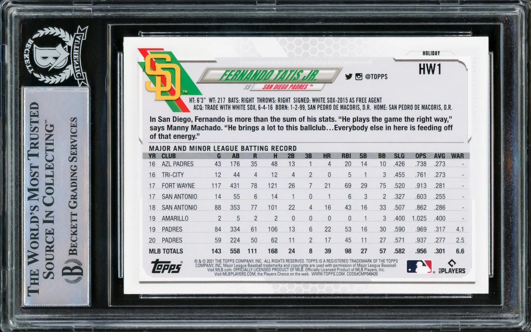 Fernando Tatis Jr. Autographed 2021 Topps Holiday Card #HW1 San Diego Padres Beckett BAS #15782263 - Image 2
