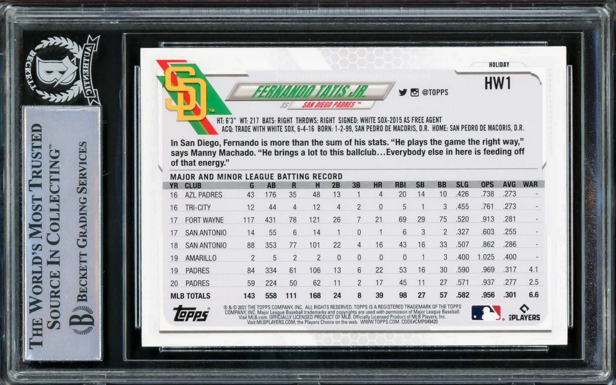 Fernando Tatis Jr. Autographed 2021 Topps Holiday Card #HW1 San Diego Padres Beckett BAS #15782264 - Image 2