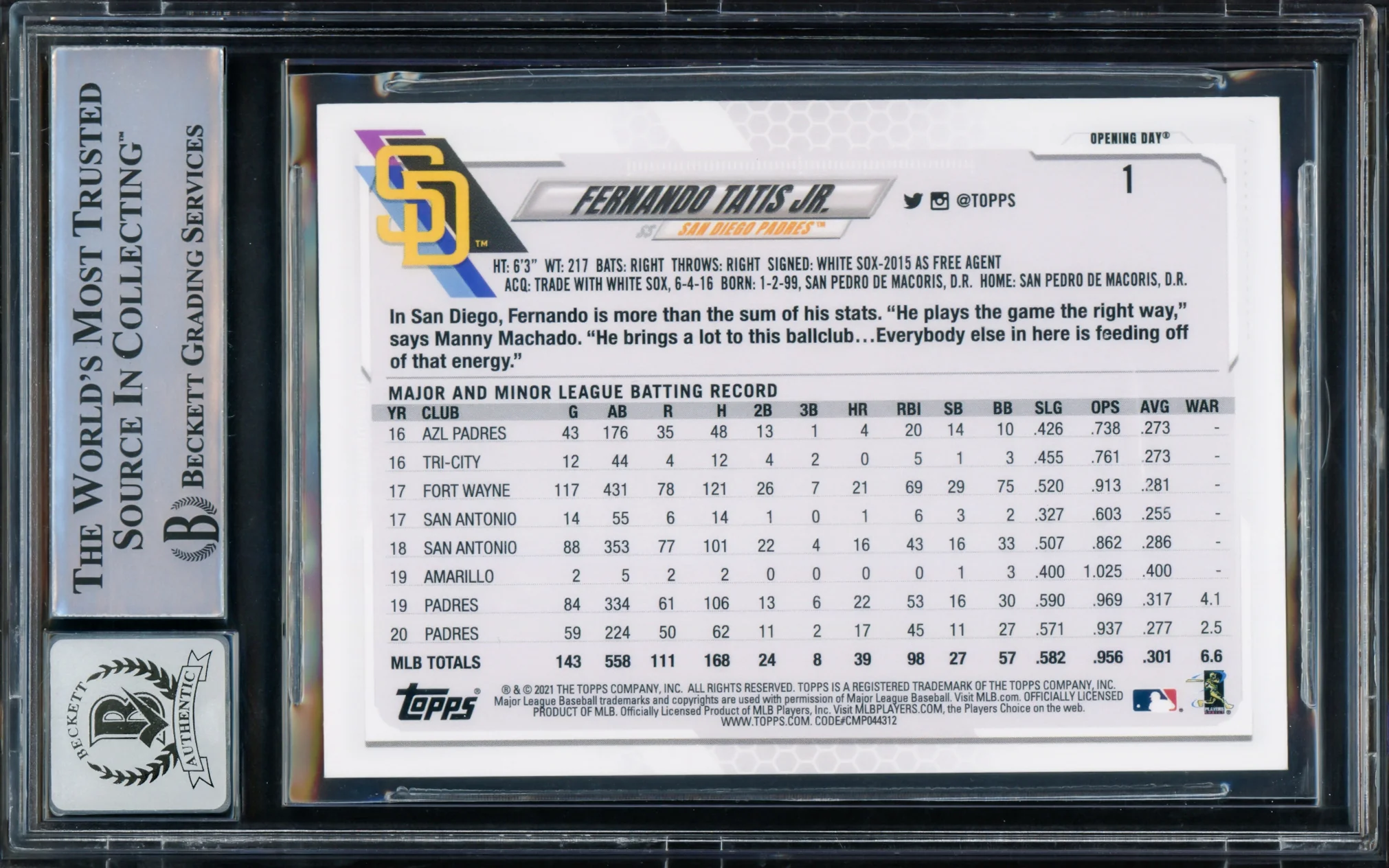 Fernando Tatis Jr. Autographed 2021 Topps Opening Day Card #1 San Diego Padres Auto Grade Gem Mint 10 Beckett BAS Stock #216672 - Image 2